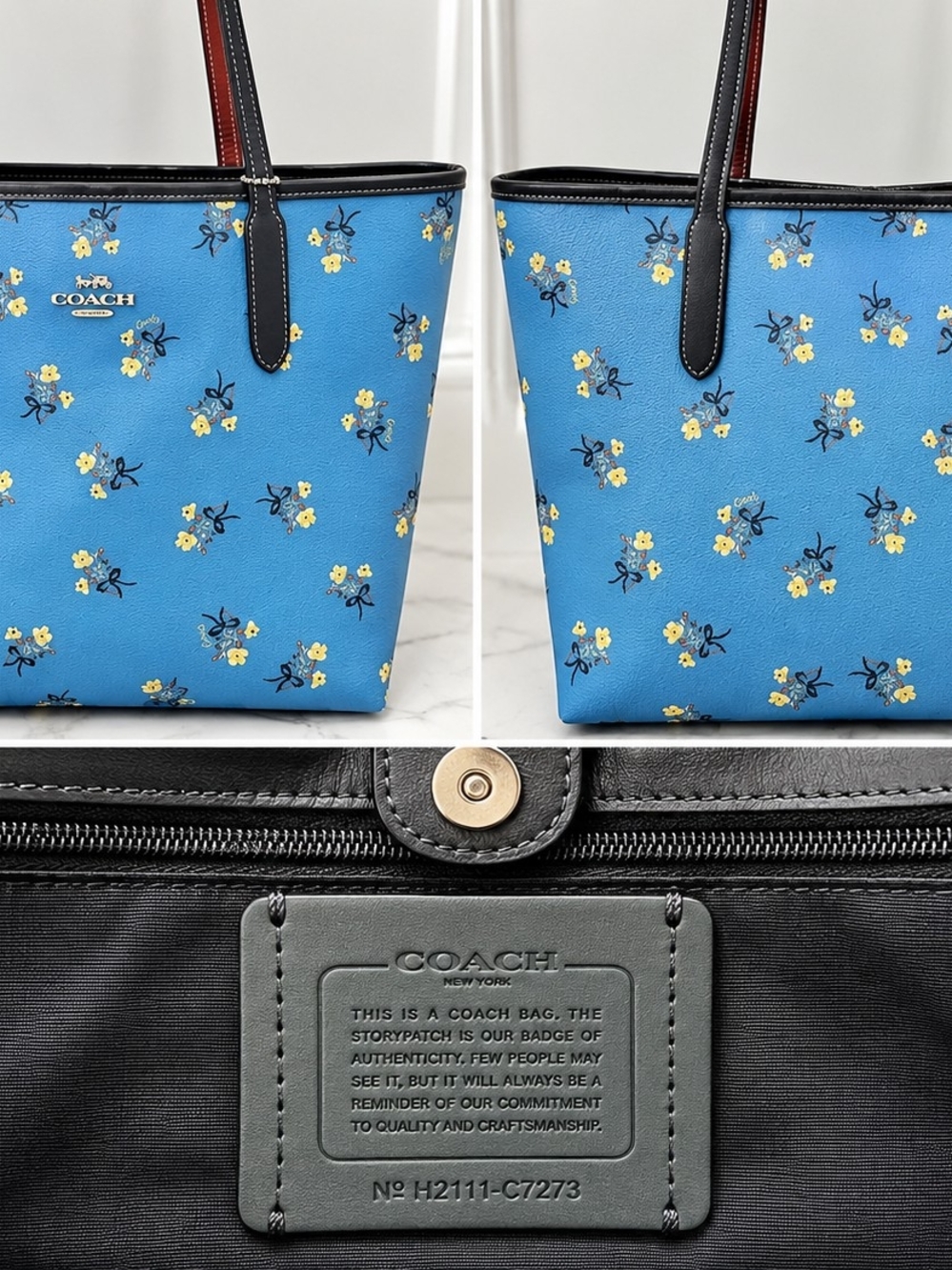COACH Blue Floral Print Tote with Black Trim